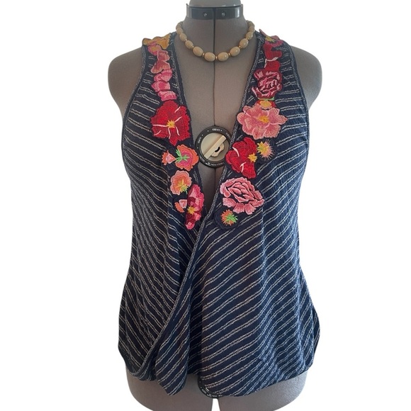 Free People Frida Embroidered Wrap Tank Top Large Blue Stripe Hi Lo - Picture 2 of 6